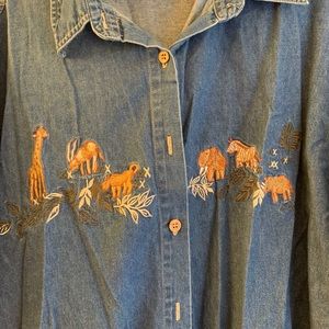 Short sleeve denim button down with animals